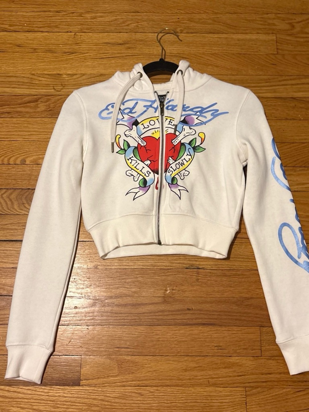 Ed Hardy Cream Zip-Up Cropped Hoodie with Red Heart Graphic